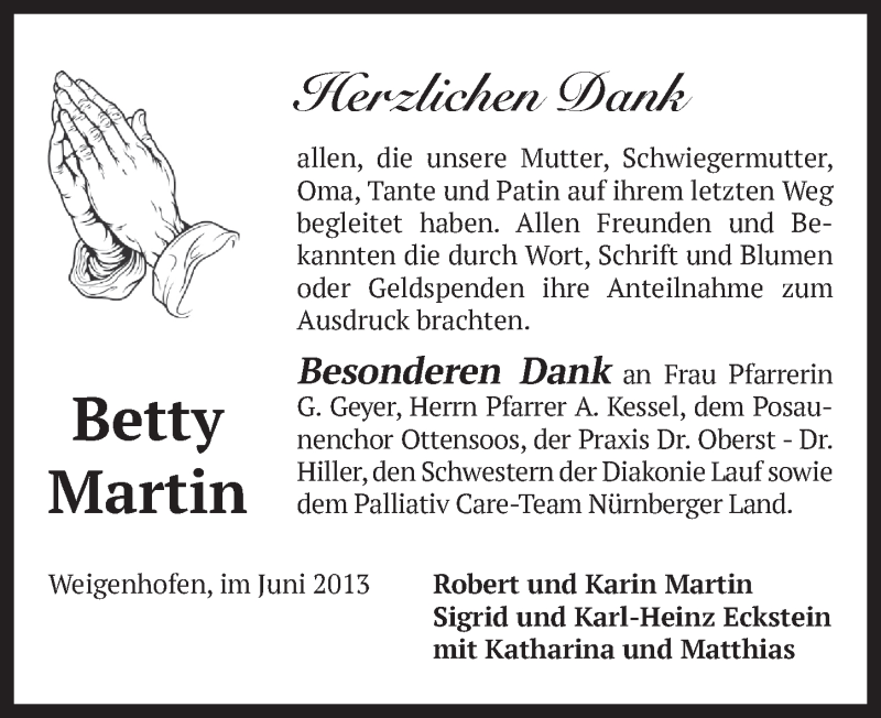  Traueranzeige für Betty Martin vom 15.06.2013 aus Pegnitz-Zeitung